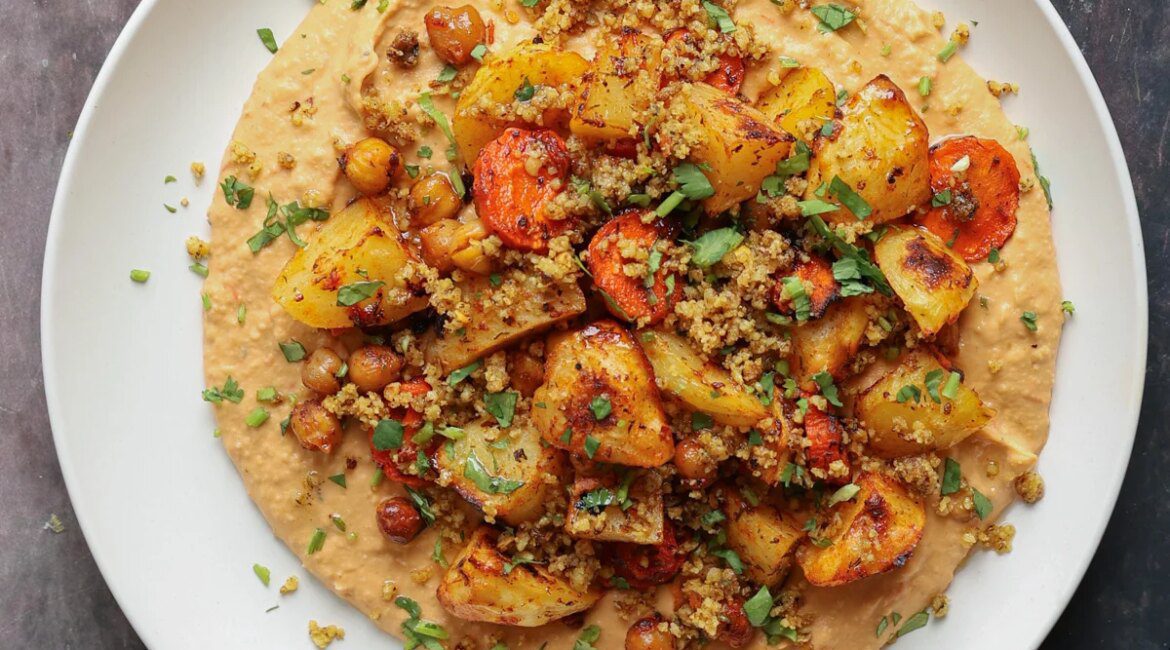 Harrissa Roasted Vegetables with Bean Puree and Walnut Crumble