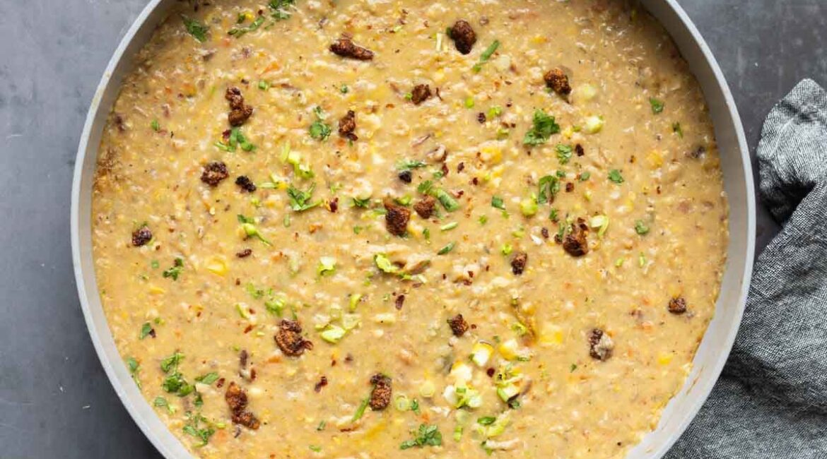 Creamy Corn Chowder with Smoky Tofu Bacony Bits